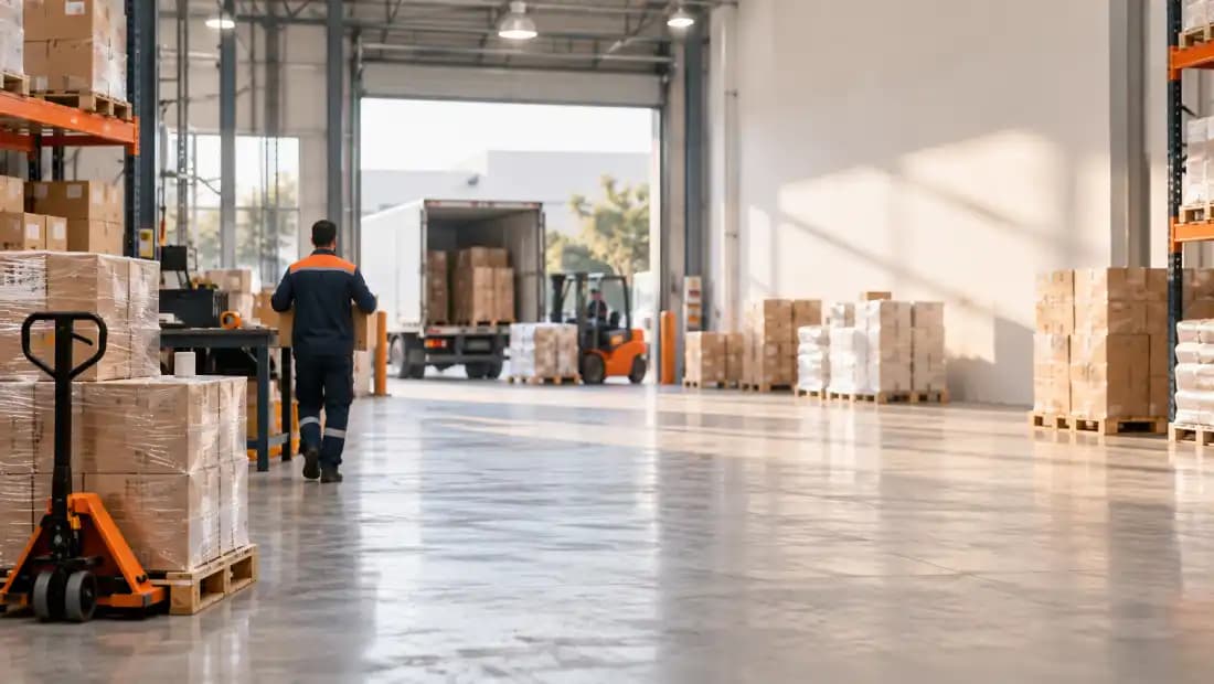 An organised aisle in a warehouse of goods ready to ship
